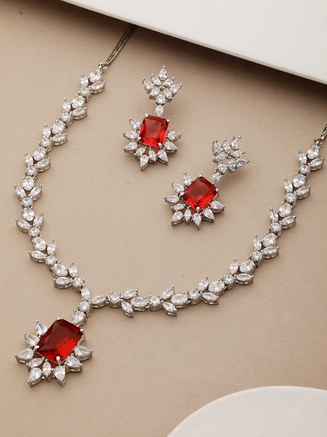 Silver Plated Red Ruby Zircon Floral Statement  Necklace Jewellery Set